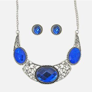 Blue Large Crystal Statement Necklace and Earring Set with Scroll Design  NEW